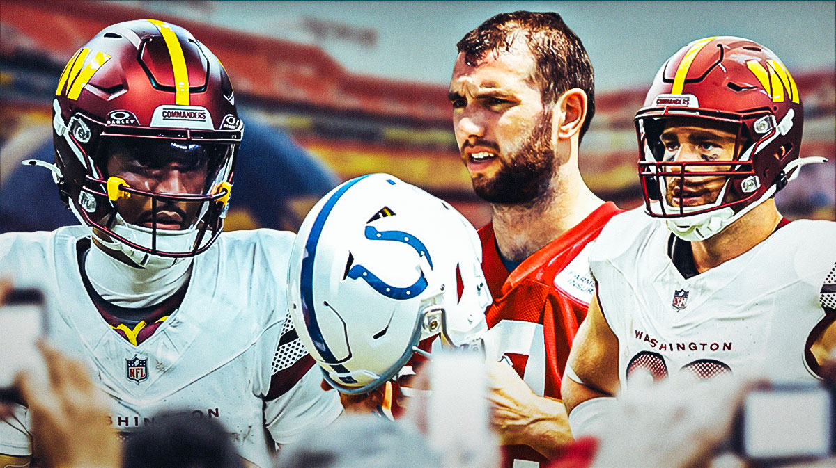 Jayden Daniels standing next to Andrew Luck and Zach Ertz