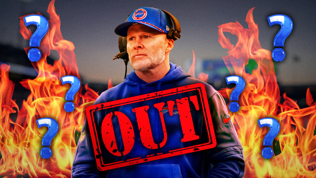 Bills Sean McDermott with fire in the background and "OUT" stamped over him