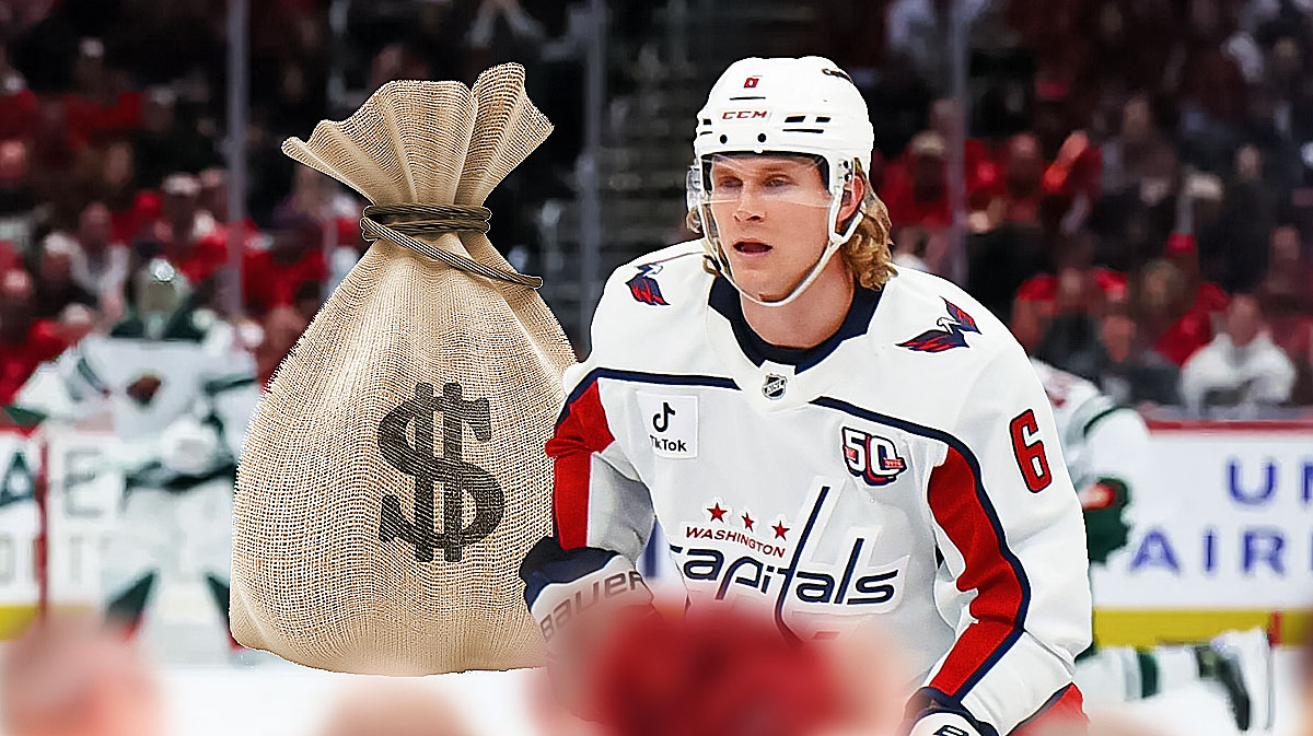 Capitals defenseman Jakob Chychrun inside of Capital One Arena and a bag of money next to him
