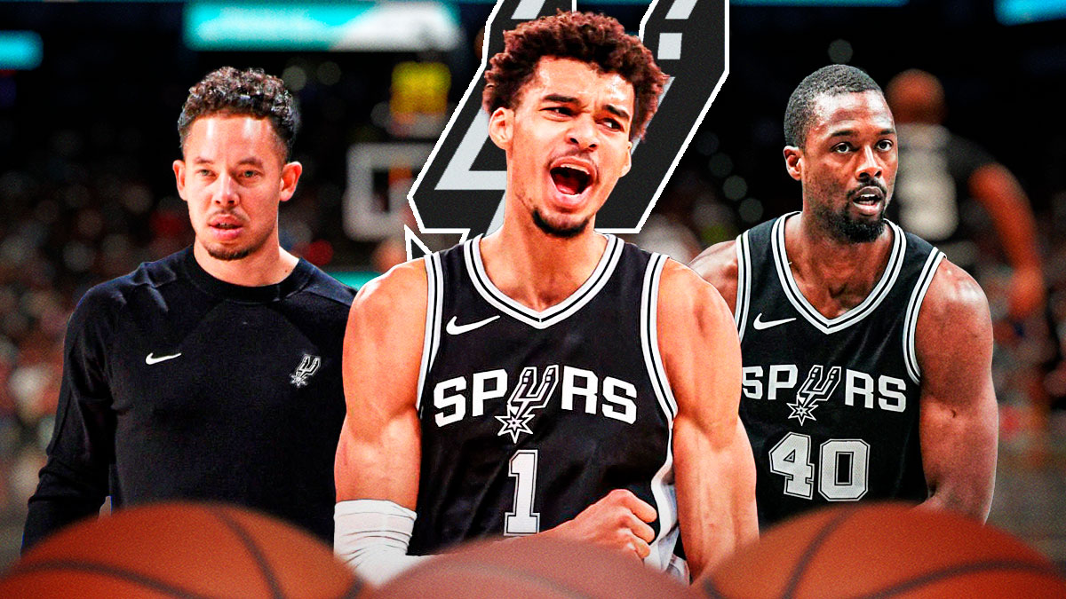 Victor Wembamnyama image, Harrison Barnes image, Mitch Johnson image, Spurs logo