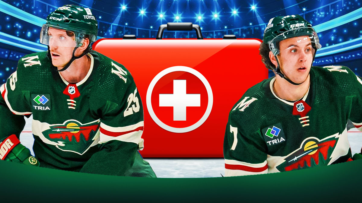 Brock Faber and Jonas Brodin on either side looking stern, first aid kit in middle, hockey rink in background