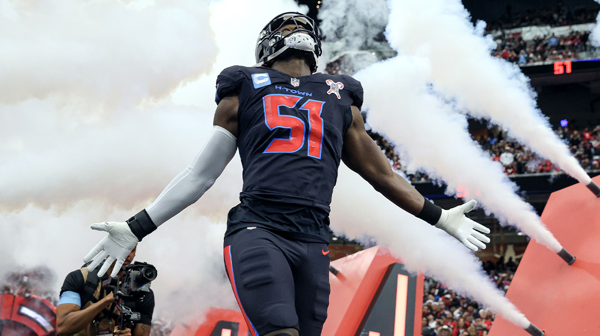 Houston Texans defensive end Will Anderson Jr. (51) runs onto the field before the game against the Baltimore Ravens at NRG Stadium. 