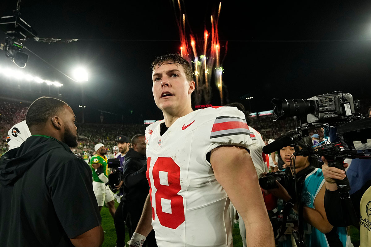 Ohio State Buckeyes quarterback Will Howard (18) celebrates following the 41-21 win over the Oregon Ducks in the College Football Playoff quarterfinal at the Rose Bowl in Pasadena, Calif. on Jan. 1, 2025.