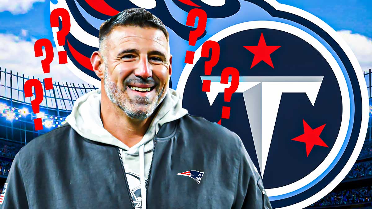Mike Vrabel in Patriots coaching gear with a Titans logo next to him. Question marks surrounding the picture.