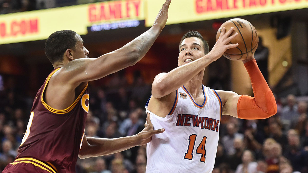 Cleveland Cavaliers forward Channing Frye (8) defends New York Knicks center Willy Hernangomez (14) during the first half at Quicken Loans Arena.