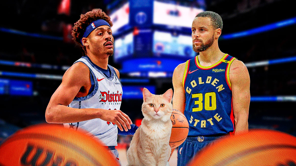 Jordan Poole and Stephen Curry, with a cat in the middle of the picture.