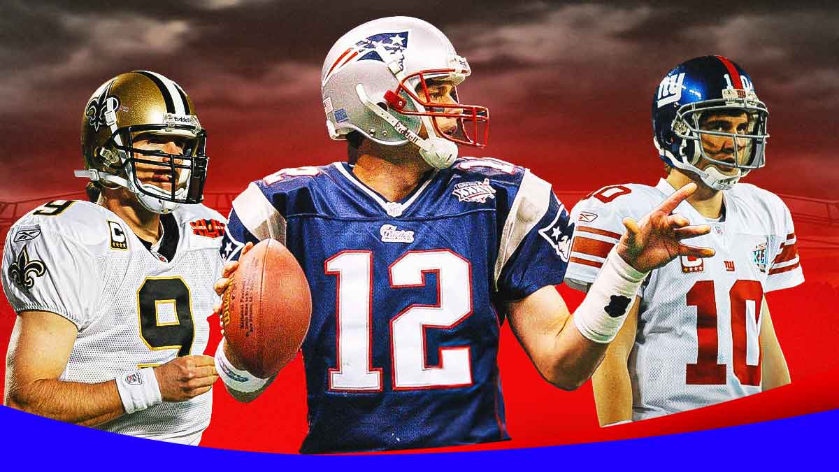 Drew Brees (2009-10 Saints Super Bowl), Tom Brady (2001-02 Patriots Super Bowl), Eli Manning (2007-08 Giants Super Bowl) all together.