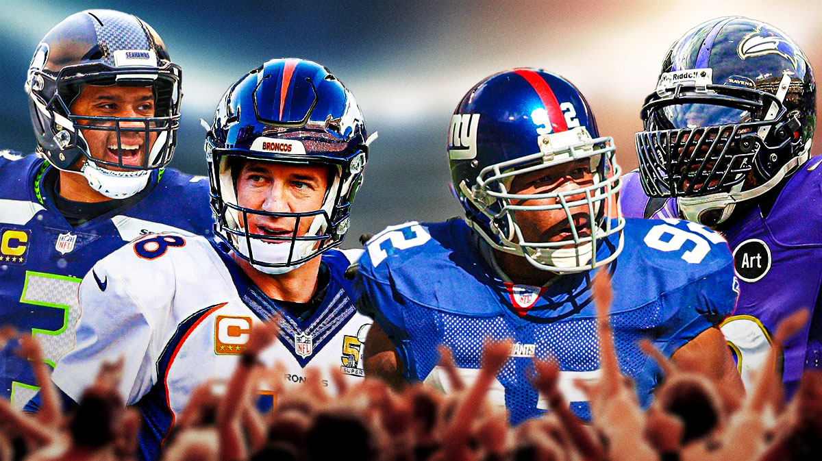 Peyton Manning (Broncos) and Russell Wilson (Seahawks) together on one side. Other side is Ray Lewis (Ravens) and Michael Strahan (Giants) together.