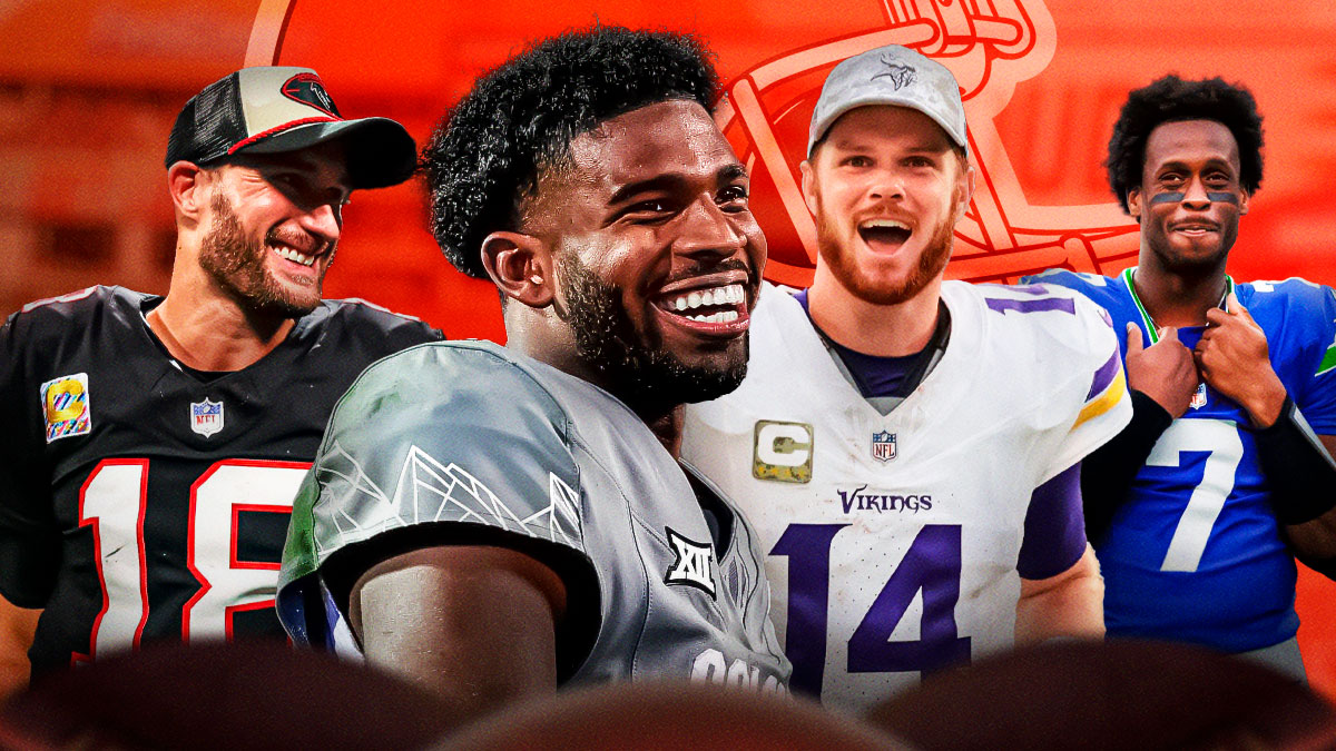 Shadeur Sanders, Sam Darnold, Kirk Cousins, Geno Smith all beside each other, Cleveland Browns wallpaper in the background