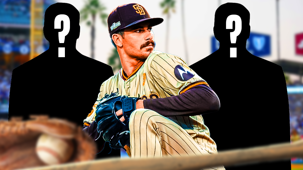 San Diego Padres starting pitcher Dylan Cease pitching in center, blank player silhouettes with question marks on left and right sides, Petco Park (home stadium of the San Diego Padres) in background