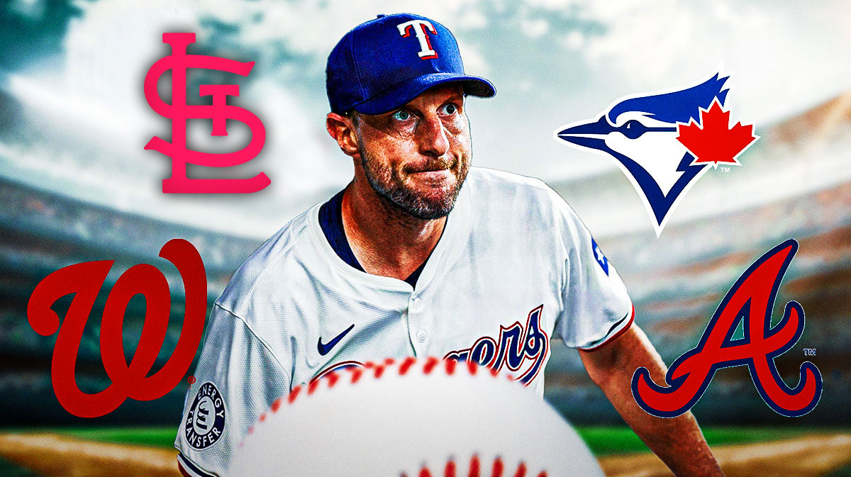 Max Scherzer surrounded by Cardinals, Nationals, Braves, Blue Jays logos