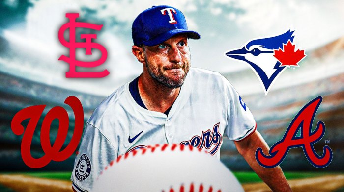Max Scherzer surrounded by Cardinals, Nationals, Braves, Blue Jays logos