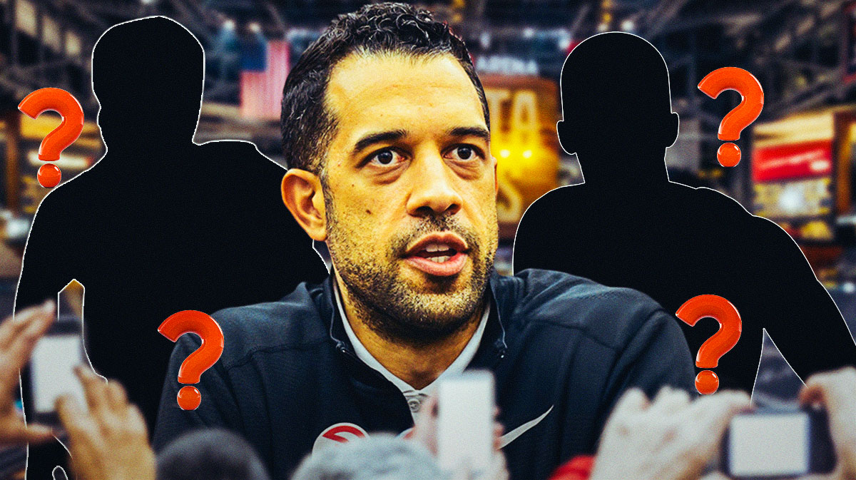 GM Landry Fields in the middle, Two mystery players beside him, Atlanta Hawks wallpaper in the background, Question marks all around