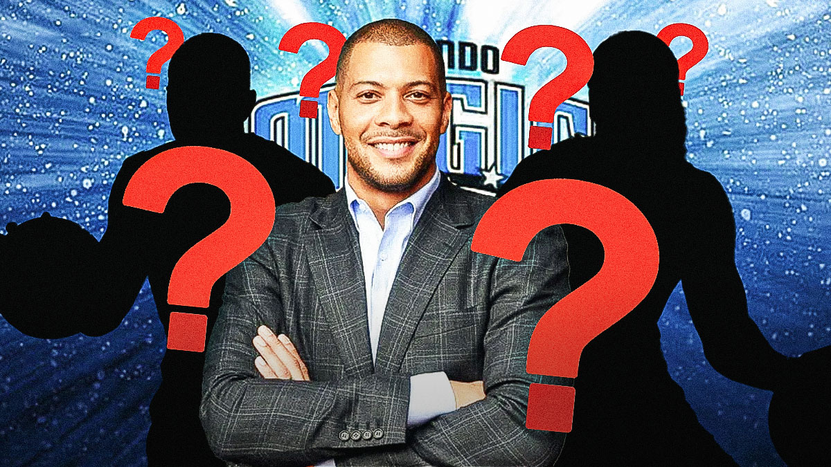 GM Anthony Parker in the middle, Two mystery players beside him, Orlando Magic wallpaper in the background, Question marks all around