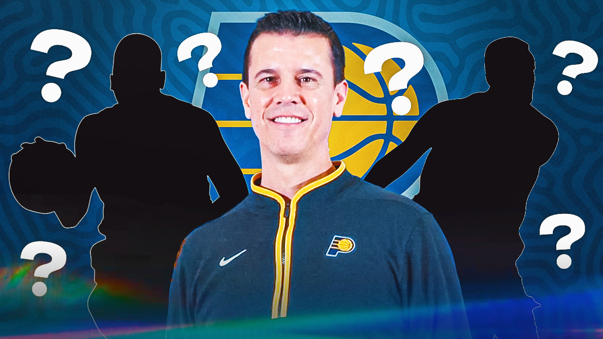 GM Chad Buchanan in the middle, Two mystery players beside him, Indiana Pacers wallpaper in the background, Question marks all around