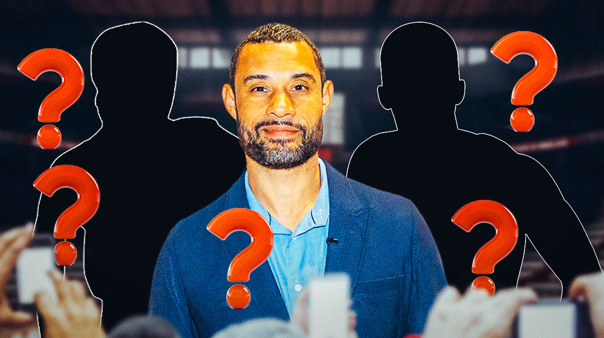 GM Trajan Langdon in the middle, Two mystery players beside him, Detroit Pistons wallpaper in the background, Question marks all around