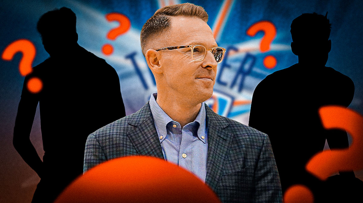 GM Sam Presti in the middle, Two mystery players beside him, Oklahoma City Thunder wallpaper in the background, Question marks all around