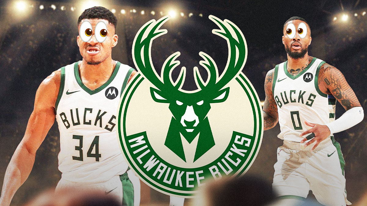 Bucks Giannis Antetokounmpo and Damian Lillard with emoji eyes next to a Bucks logo