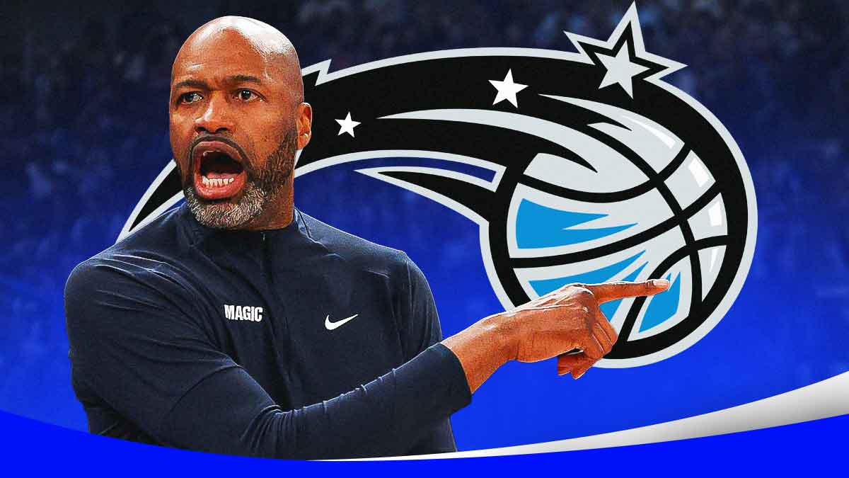 Jamahl Mosely looking serious next to a Magic logo