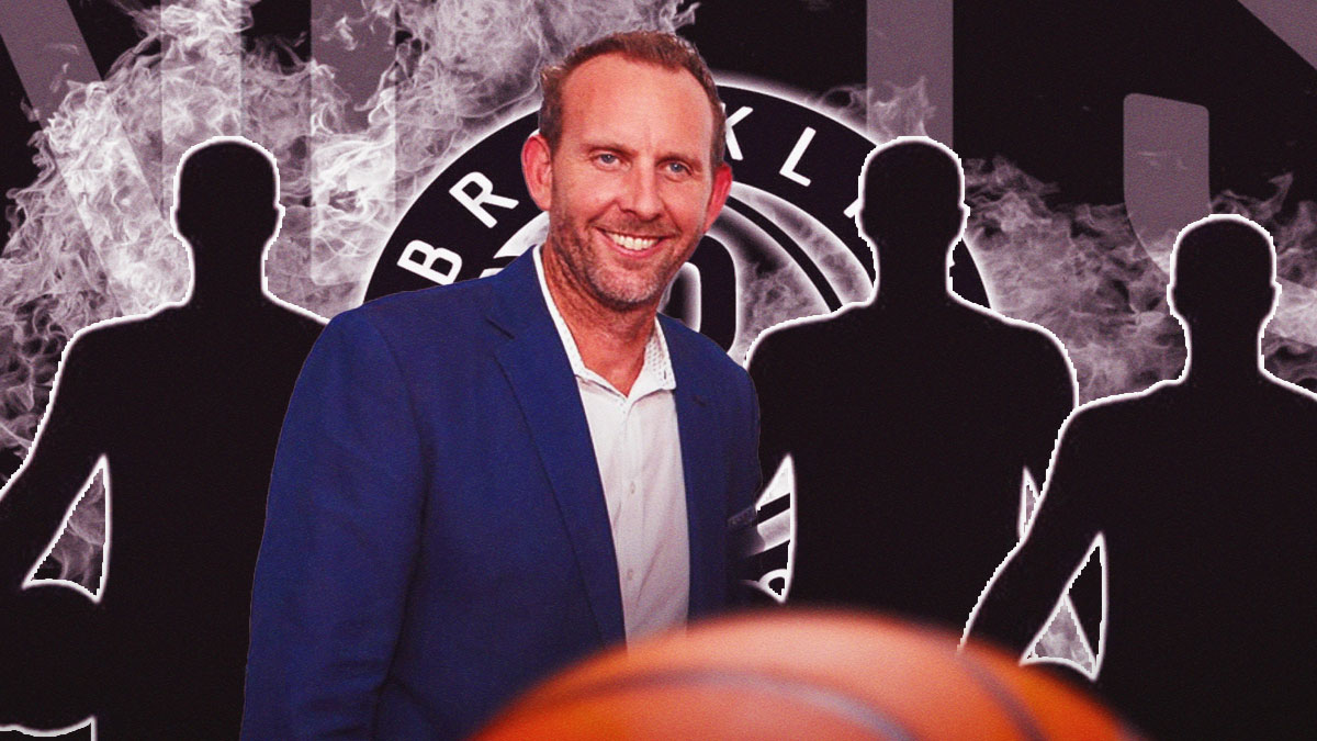 Sean Marks in the middle, three mystery players beside him, Brooklyn Nets wallpaper in the backgrounds