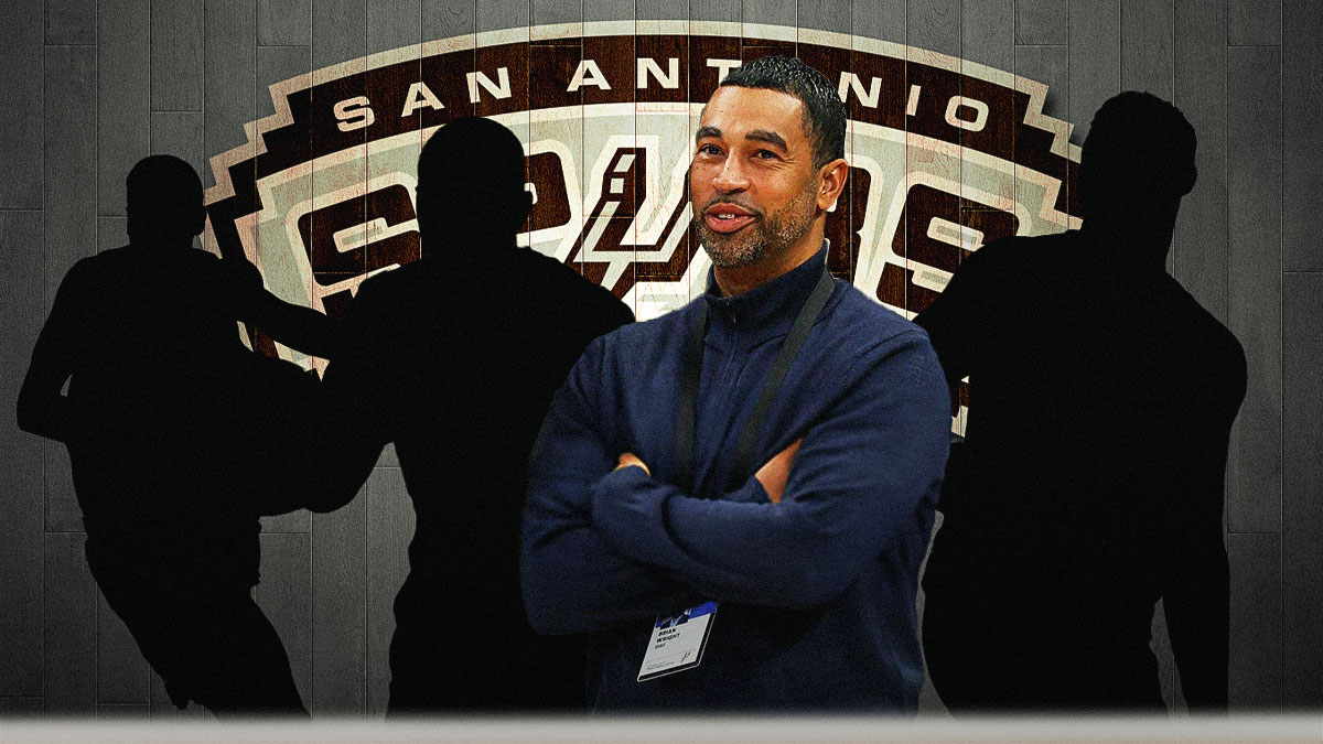 Brian Wright in the middle, three mystery players beside him, San Antonio Spurs wallpaper in the backgrounds