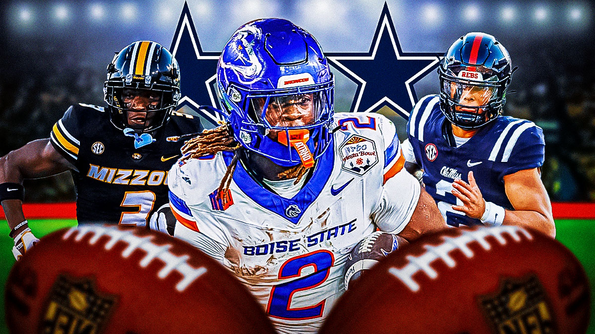 Boise State Ashton Jeanty, Missouri Luther Burden III, Ole Miss Jaxson Dart with a Dallas Cowboys logo in front and a 2025 NFL Draft background.