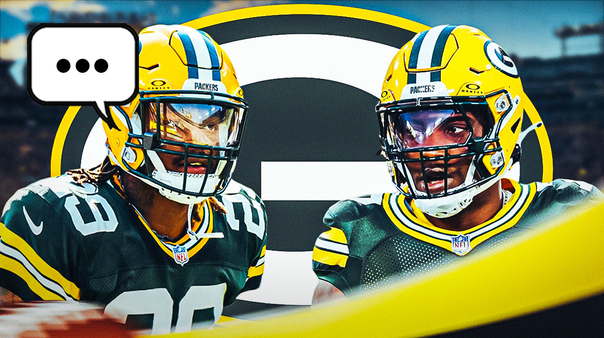 Green Bay Packers safety Xavier McKinney with a speech bubble that has the three dots emoji inside. He is next to Packers LB Quay Walker. There is also a logo for the Green Bay Packers.