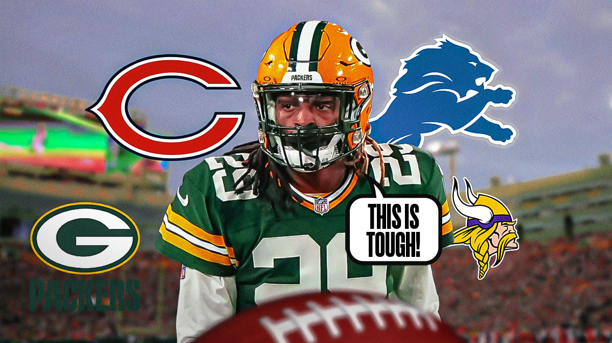 Xavier McKinney on one side with a speech bubble that says "This is tough!" the Detroit Lions, Minnesota Vikings, Green Bay Packers, and Chicago Bears logos on the other side