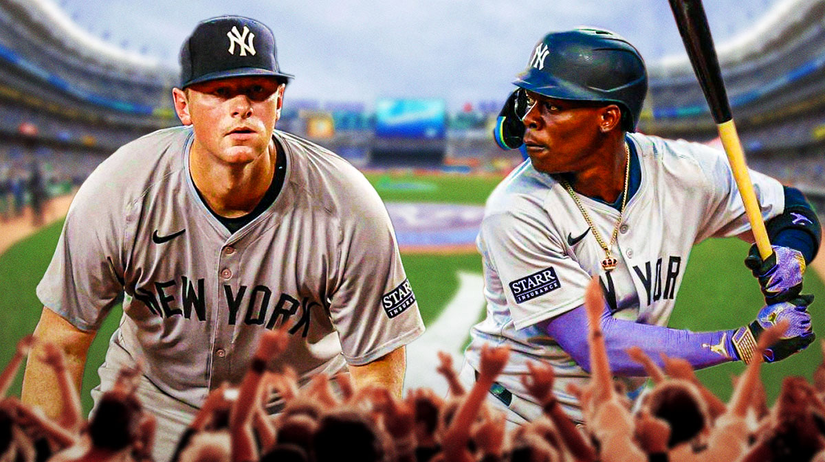 Jazz Chisholm batting and DJ LeMahiu fielding, Yankee Stadium background