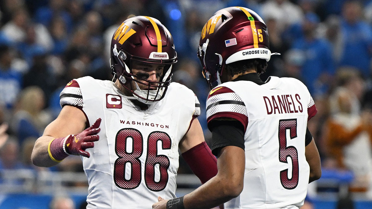 Commanders tight end Zach Ertz (86) celebrates touchdown pass with quarterback Jayden Daniels (5) during the second quarter in a 2025 NFC divisional round game at Ford Field.