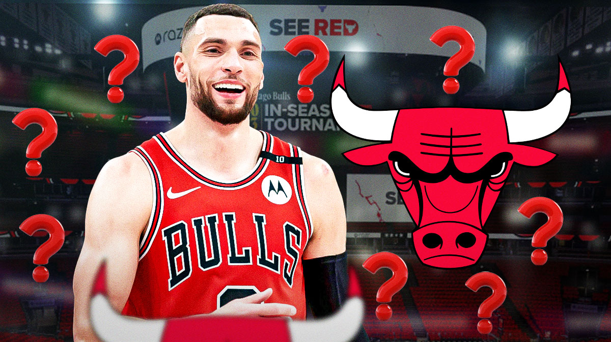 Zach LaVine, Bulls, United Center in back, question marks all around