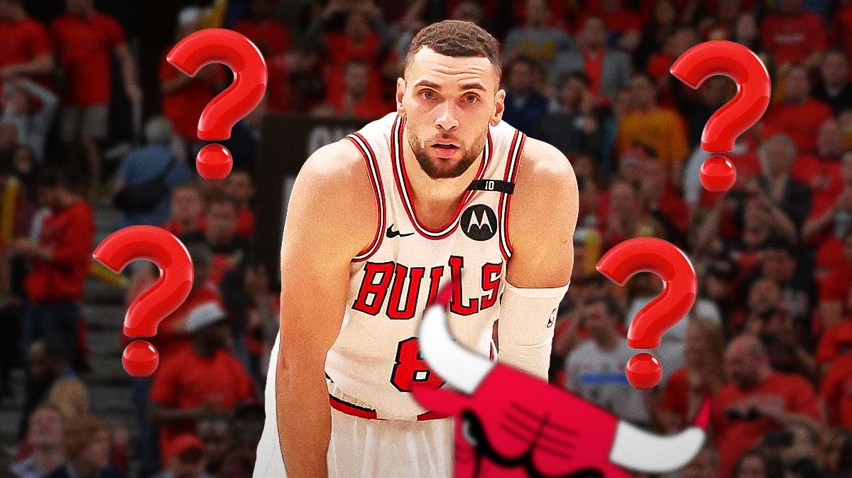 Zach LaVine in a Bulls jersey with question marks around the picture.