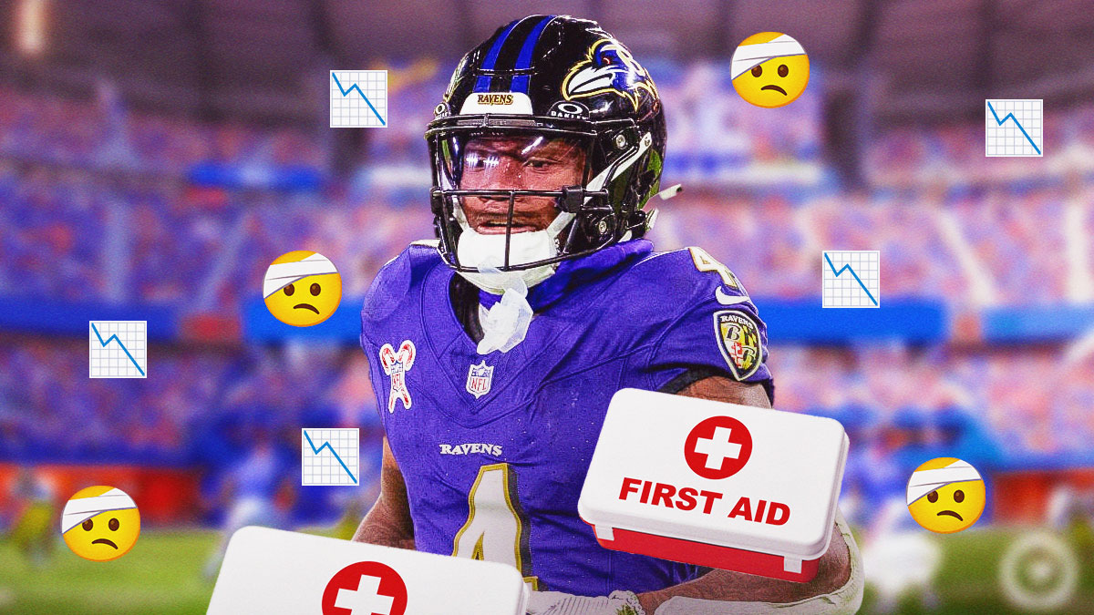 Ravens WR Zay Flowers holding medical kit with multiple 📉 and 🤕 emojis fluttered throughout background. Background is Highmark Stadium.