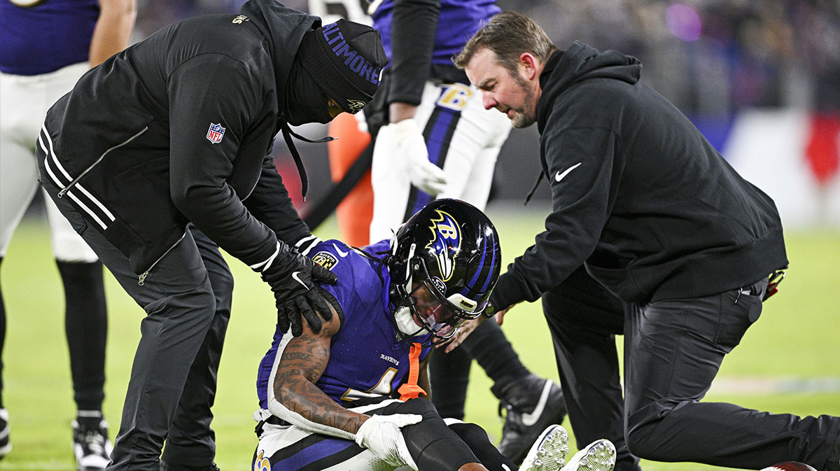 Jan 4, 2025; Baltimore, Maryland, USA; Baltimore Ravens wide receiver Zay Flowers (4) reacts after a tackle during the first quarter against the Cleveland Browns at M&T Bank Stadium.