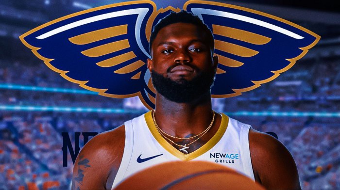 Pelicans forward Zion Williamson with the Pelicans logo in the background