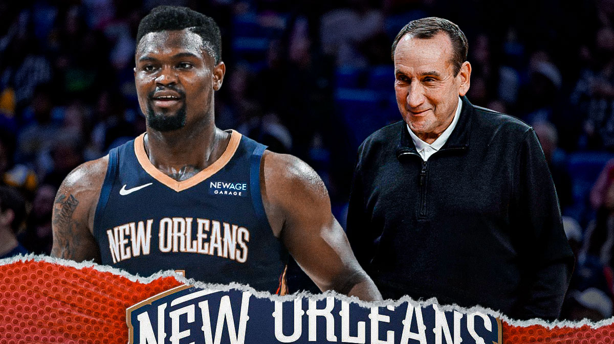 Pelicans F Zion Williamson next to Coack K with court in the background
