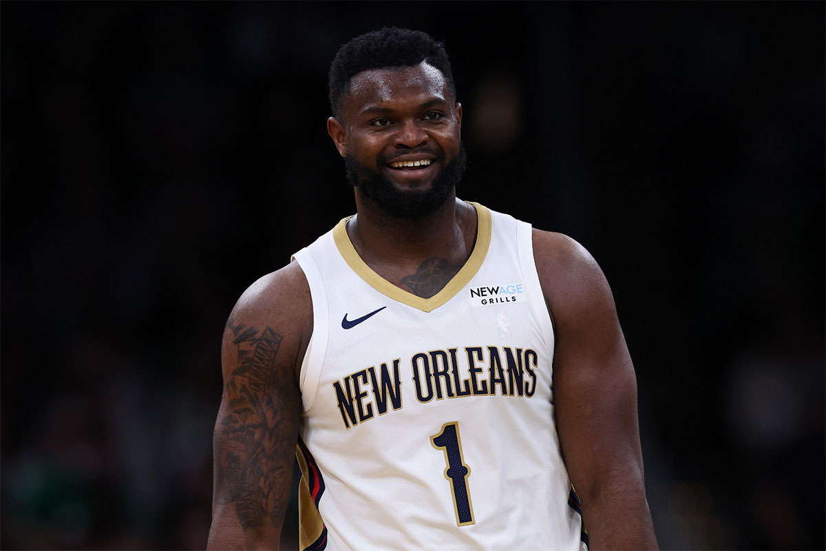 New Orleans Pelicans forward Zion Williamson (1) reacts during the second half against the Boston Celtics at TD Garden.