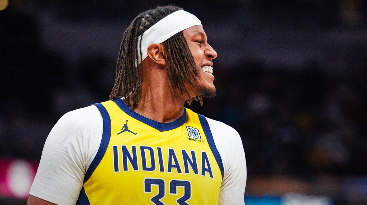 Indiana Pacers center Myles Turner (33) reacts to a made basket in the second half against the Philadelphia 76ers at Gainbridge Fieldhouse.