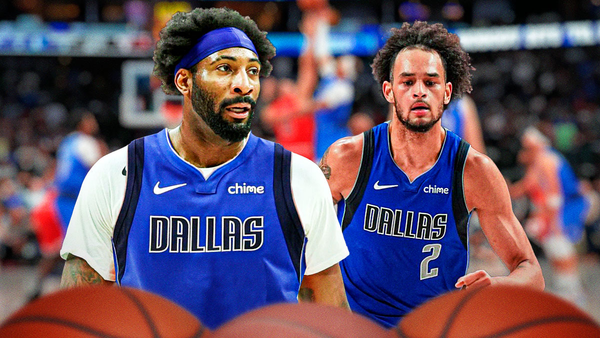Andre Drummond in a Mavericks jersey on left. Mavericks Dereck Lively II on right.