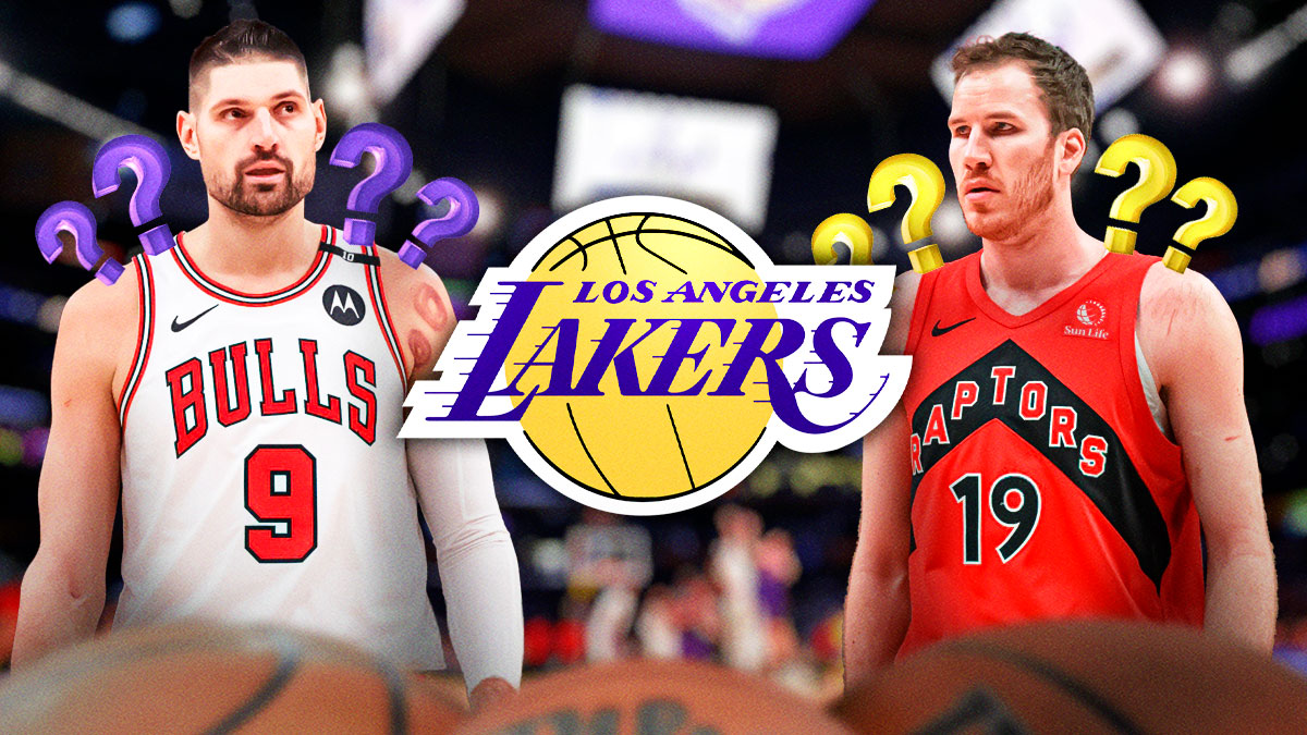 Lakers logo in the middle with Nikola Vucevic on one side, Jakob Poeltl on the other with question marks around them