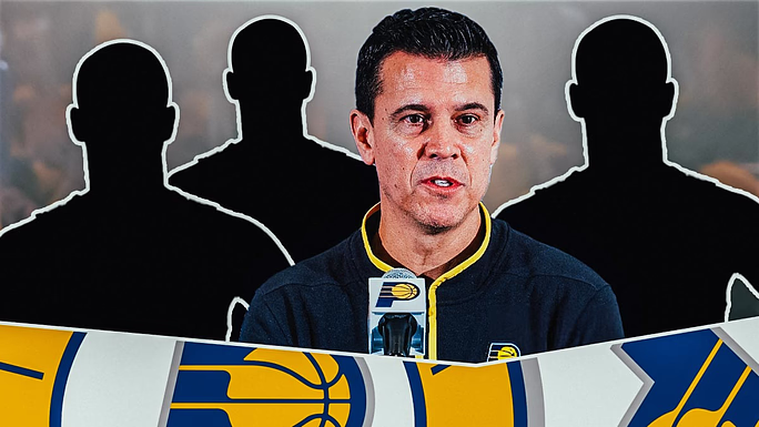 GM Chad Buchanan in the middle - Three mystery players beside him - Indiana Pacers wallpaper in the background