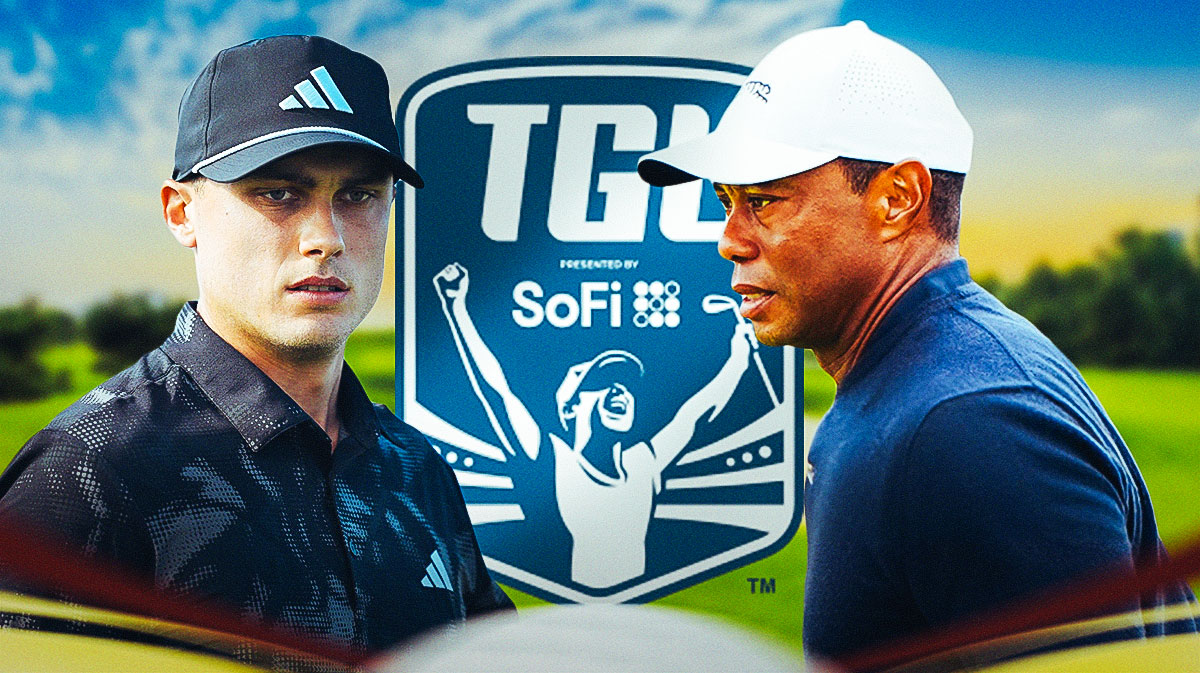 Ludvig Aberg on left. Tiger Woods on right. TGL Logo in the middle
