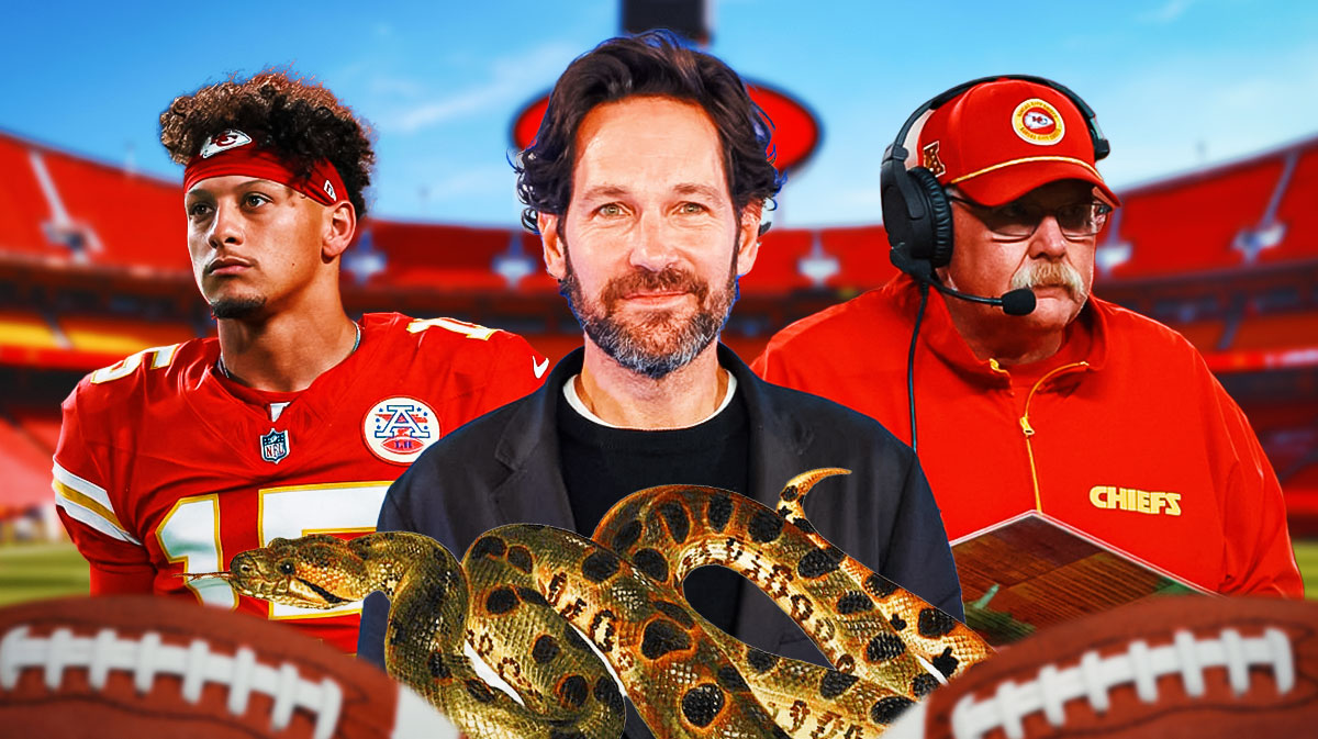 Paul Rudd and an anaconda snake in between Kansas City Chiefs quarterback Patrick Mahomes and coach Andy Reid, who won the AFC Championship against the Buffalo Bills, with GEHA Field at Arrowhead Stadium background.