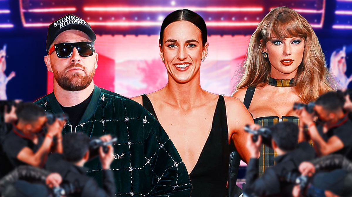 Travis Kelce, Caitlin Clark, and Taylor Swift with Eras Tour stage background.