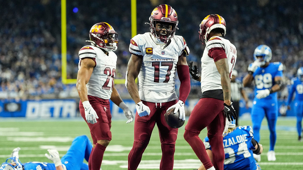 Washington Commanders wide receiver Terry McLaurin (17) celebrates a first down against Detroit Lions during the second half of the NFC divisional round at Ford Field in Detroit on Saturday, Jan. 18, 2025.