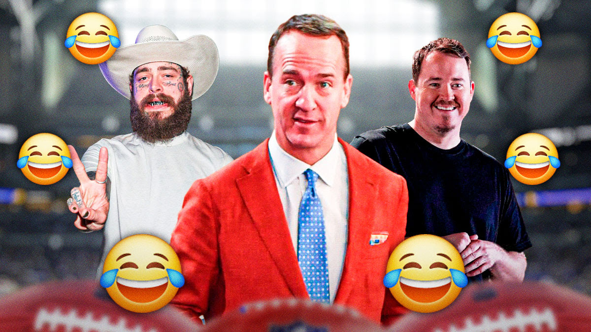 Peyton Manning, Post Malone, and Shane Gillis surrounded by laughing emojis