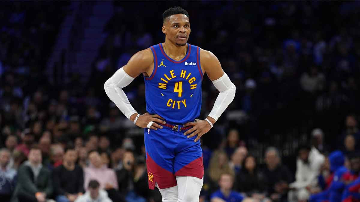 Denver Nuggets Guard Russell Westbrook (4) Looks against Filadelphia 76ers in the first quarter in Wells Fargo Center.