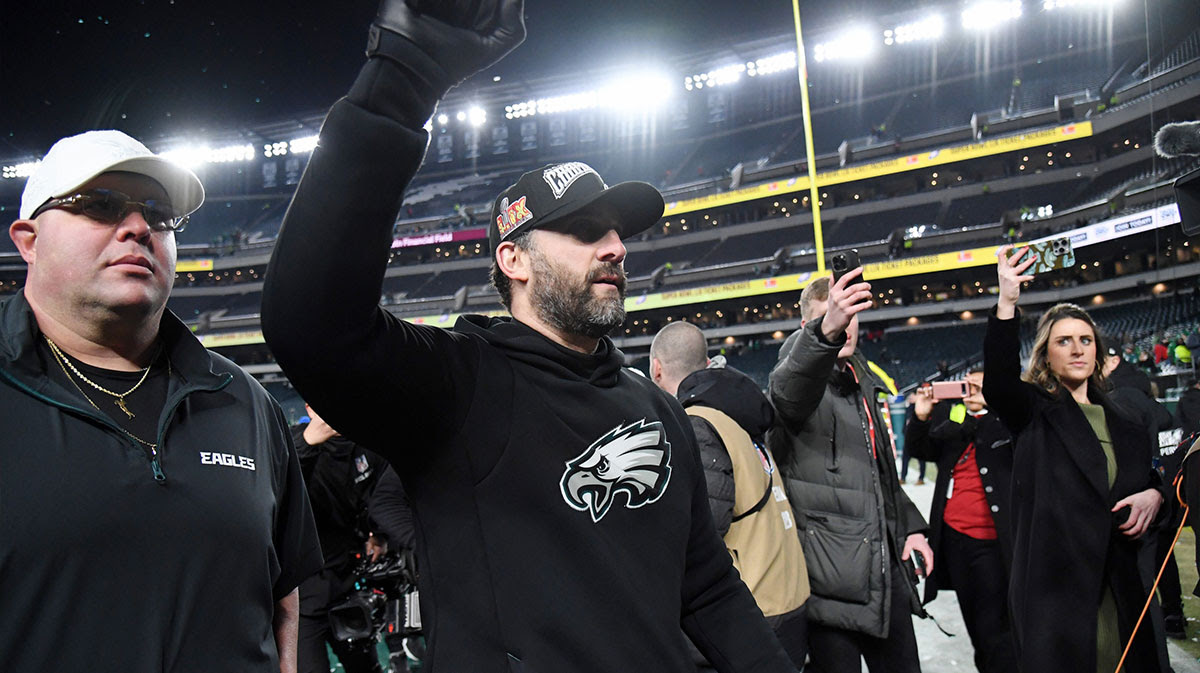 Philadelphia Eagles head coach Nick Sirianni walks off the field after winning the NFC Championship game against the Washington Commanders at Lincoln Financial Field.