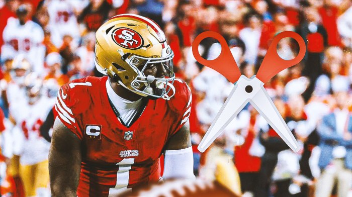 Deebo Samuel in the middle in a San Francisco 49ers uniform, ✂️ in the background
