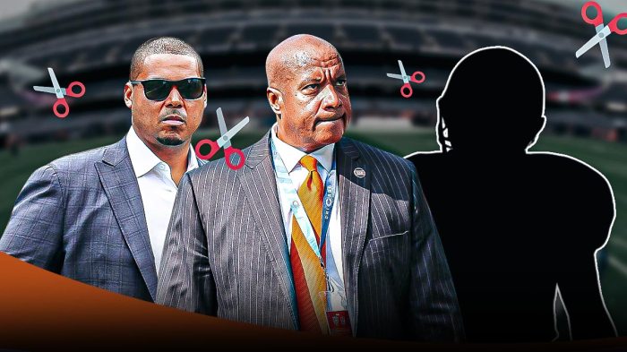 Bears general manager Ryan Poles and team president Kevin Warren standing next to SILHOUETTE of Bears EDGE DeMarcus Walker. Mutiple ✂ emojis throughout background, insinuating roster moves/cuts heading into the 2025 NFL offseason. Background is Halas Hall or Soldier Field.